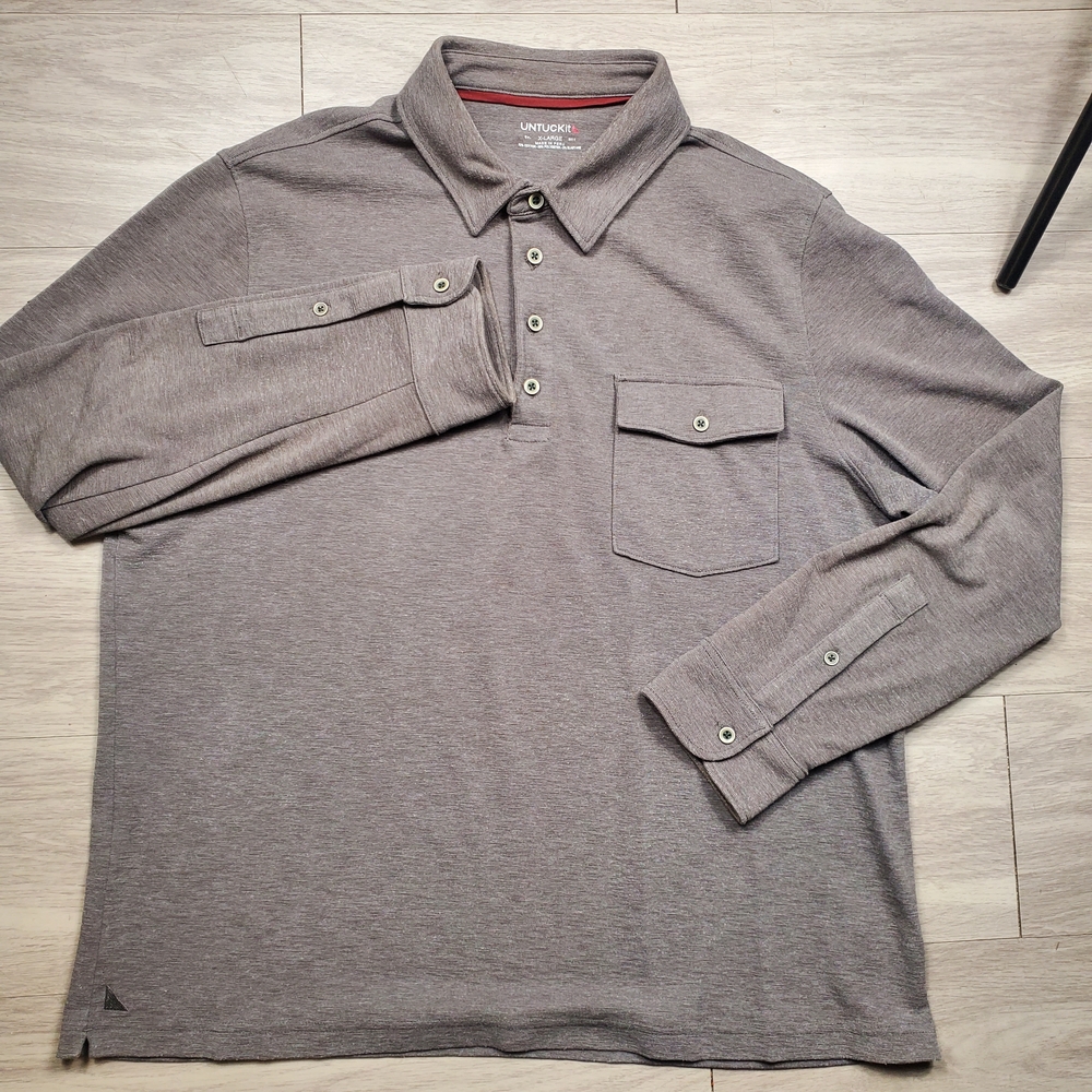 UNTUCKit Long Sleeve Polo Shirt Mens Large Gray Casual Cotton Blend Pocket